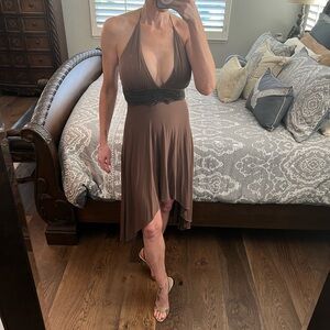 SKY Boho Brown Halter Dress Leather Braided Waist Handkerchief Hem. Size Small.